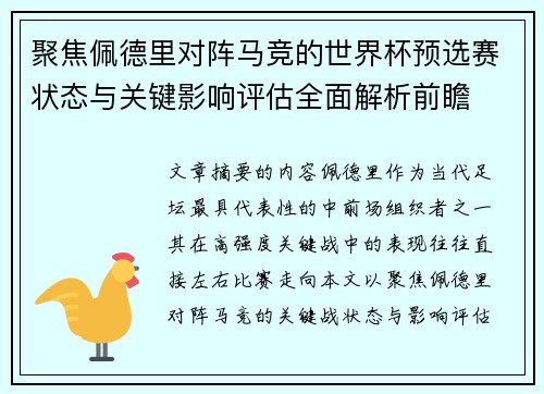 聚焦佩德里对阵马竞的世界杯预选赛状态与关键影响评估全面解析前瞻